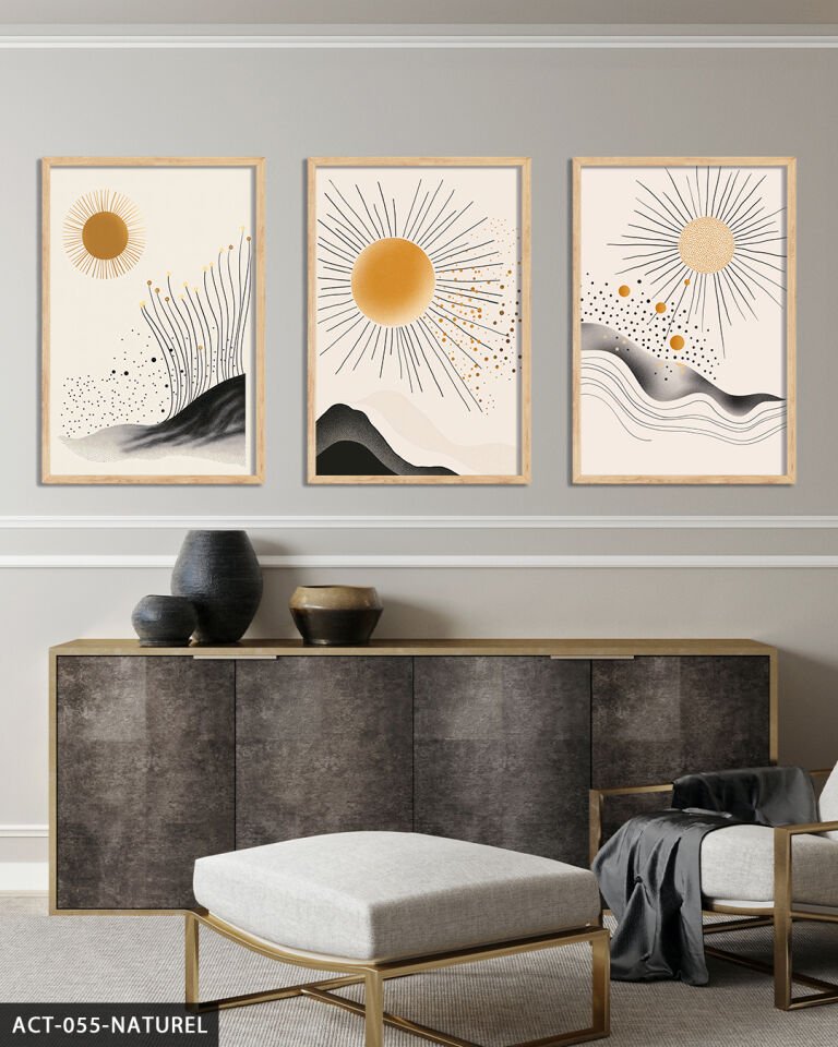 Dağ Güneş Soyut 3 Parça Ahşap Çerçeveli Tablo Naturel - 30 x 40 CM