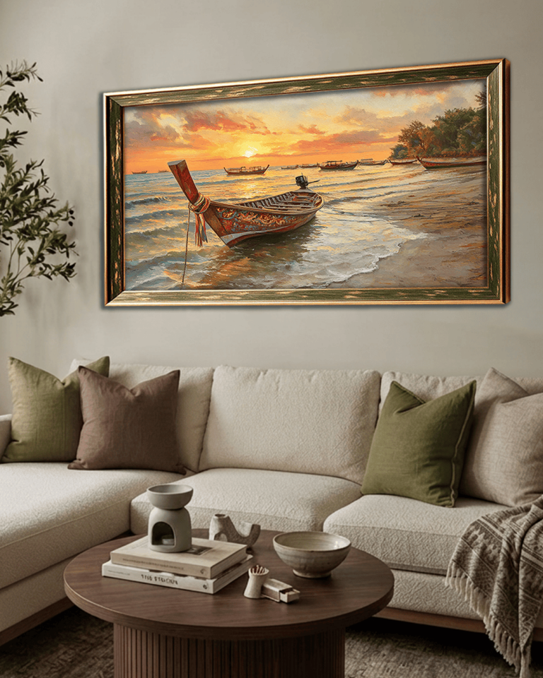 Kıyıdaki Kayık Premium Çerçeveli Tek Parça Tablo 65X110 cm PRM Yeşil