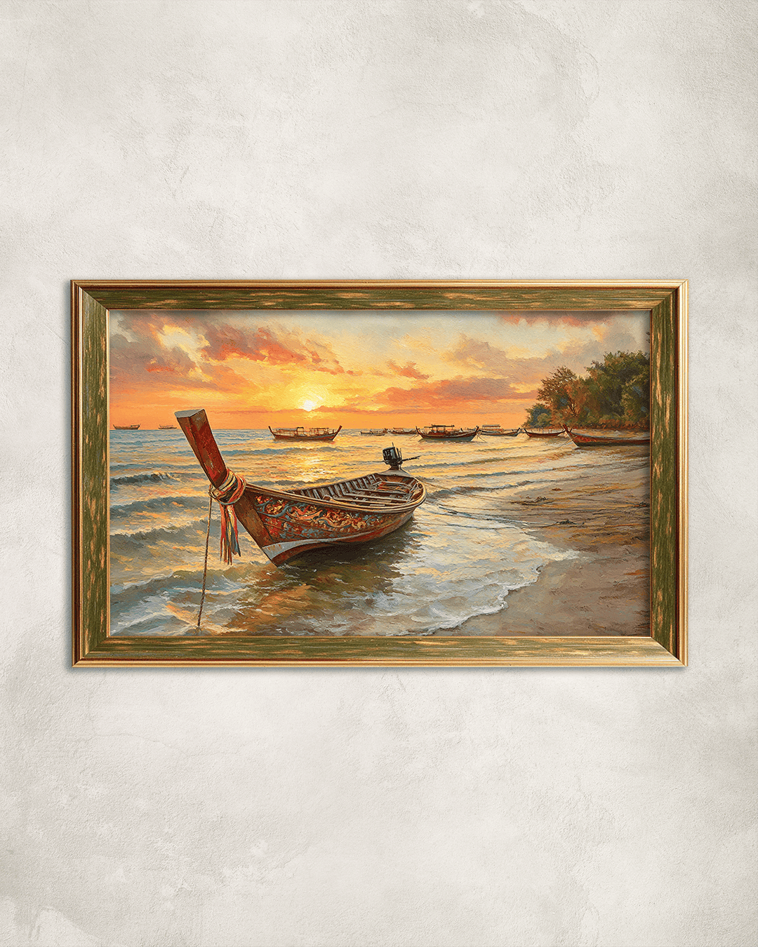 Kıyıdaki Kayık Premium Çerçeveli Tek Parça Tablo 65X110 cm PRM Yeşil