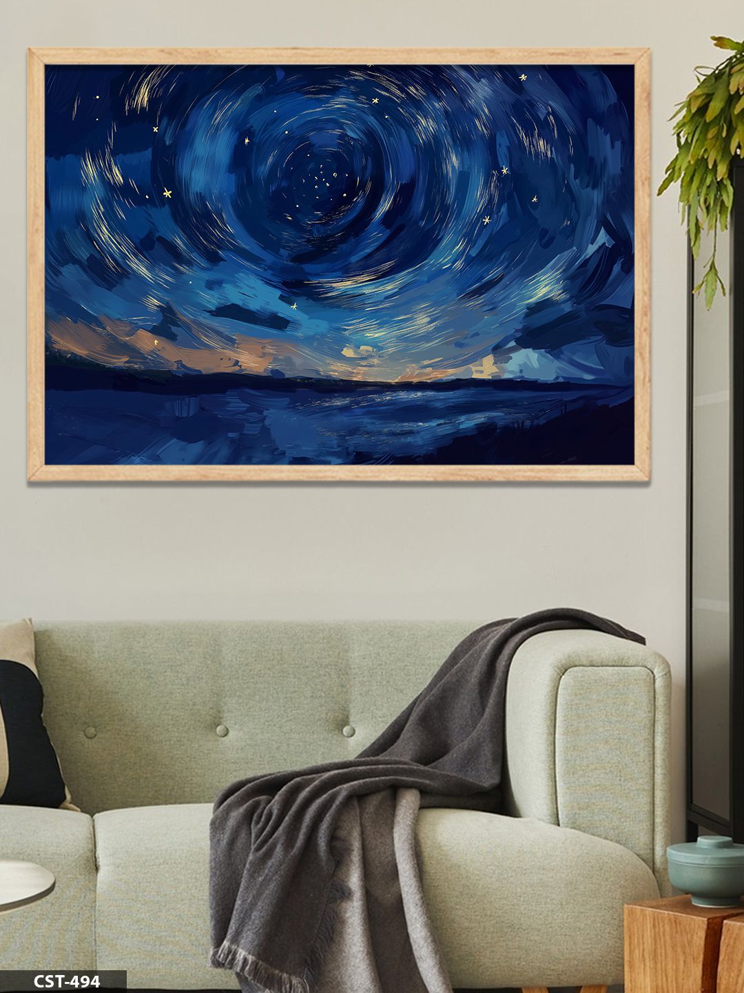 Yıldızlı Gece Tek Parça Ahşap Çerçeveli Tablo Naturel - 20 x 30 CM