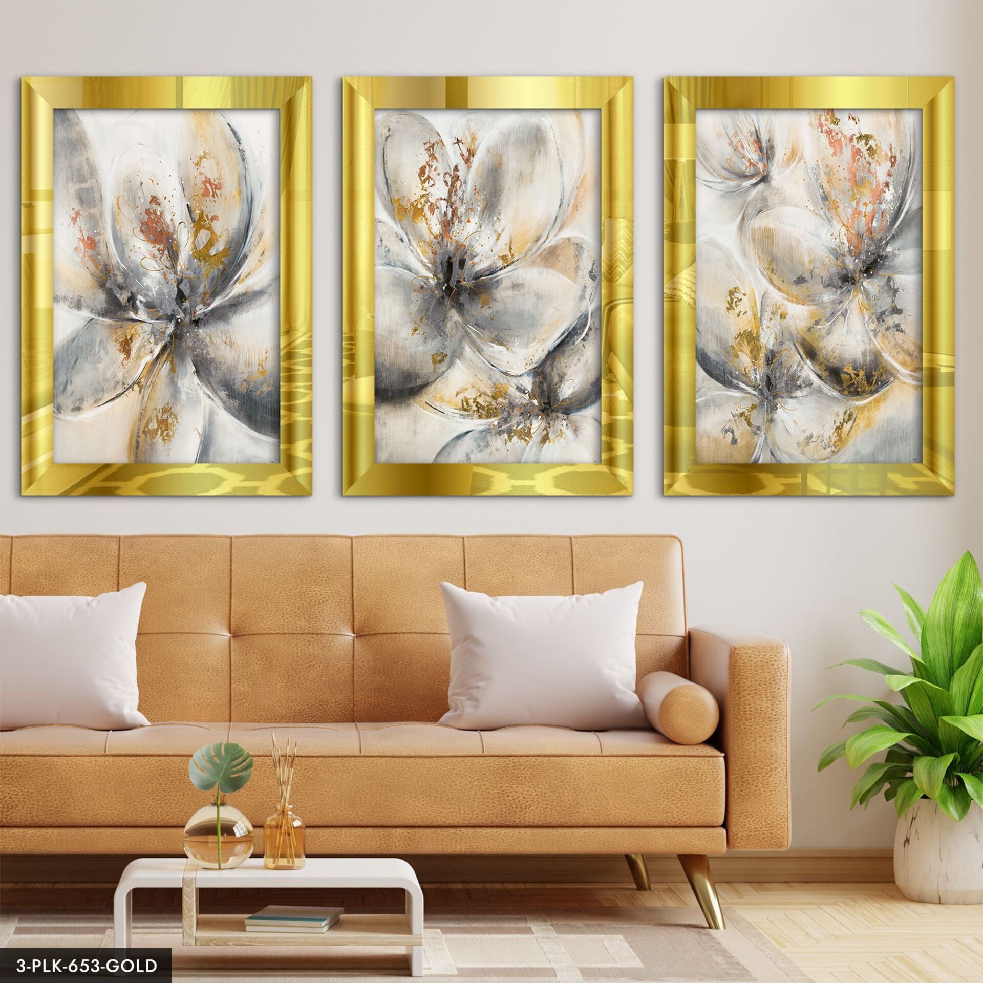 Çiçekler 3 Parça Pleksi Aynalı Tablo 60 x 80 CM - Gold