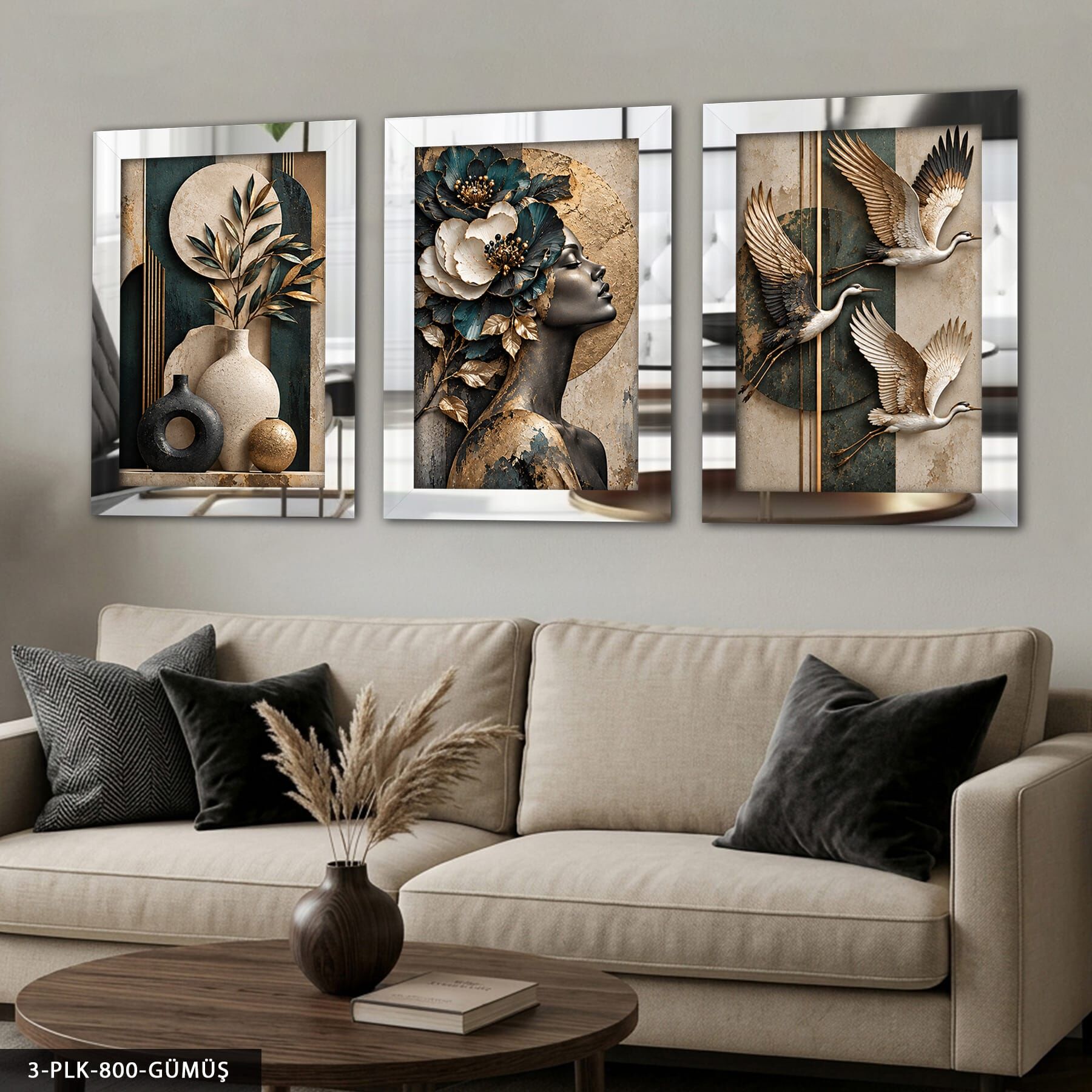 Bitki Kuşlar ve Çiçekli Kadın Portre 3 Parça Pleksi Aynalı Tablo Gümüş - 30 x 40 CM