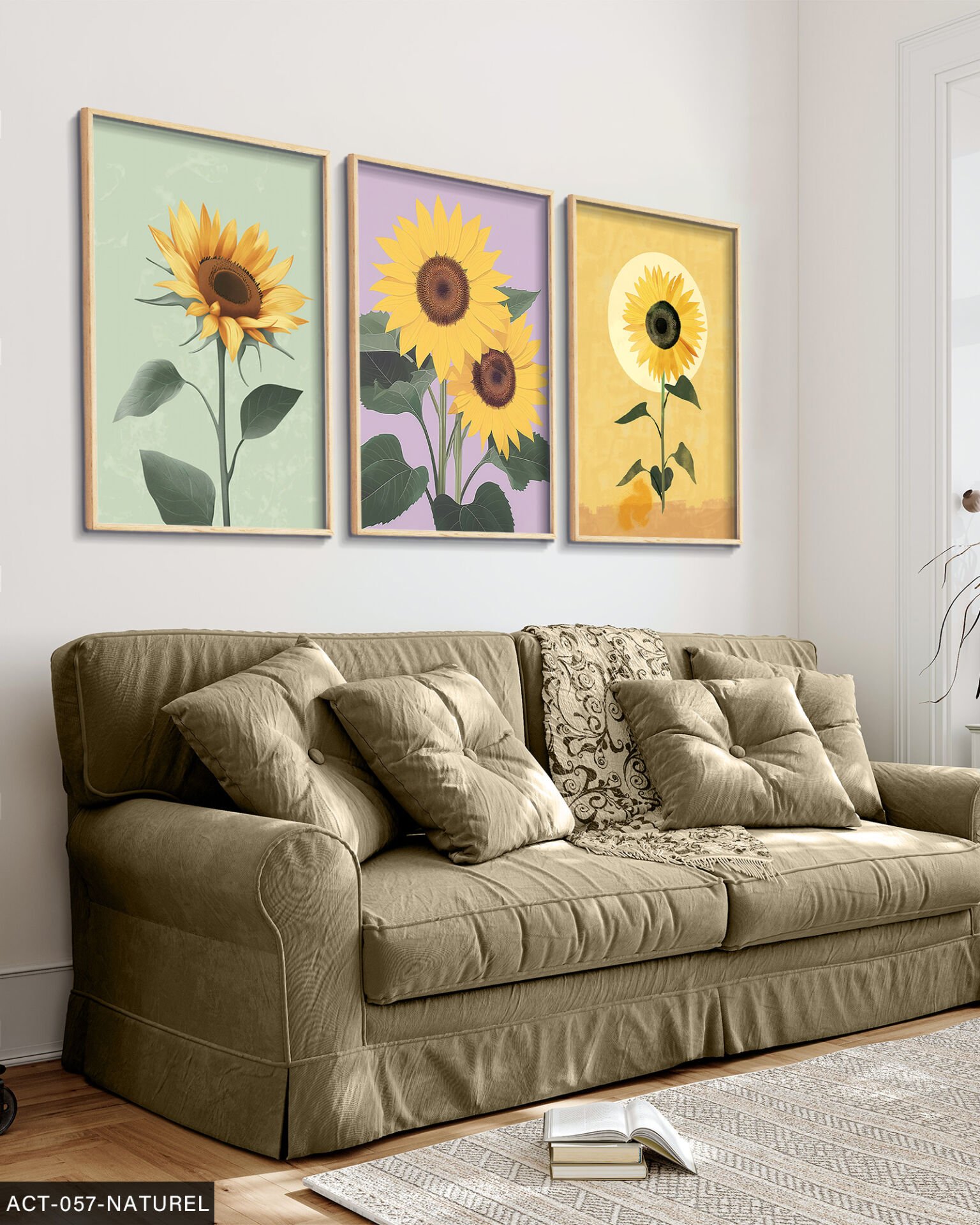 Ay çiçekleri 3 Parça Ahşap Çerçeveli Tablo Naturel - 30 x 40 CM