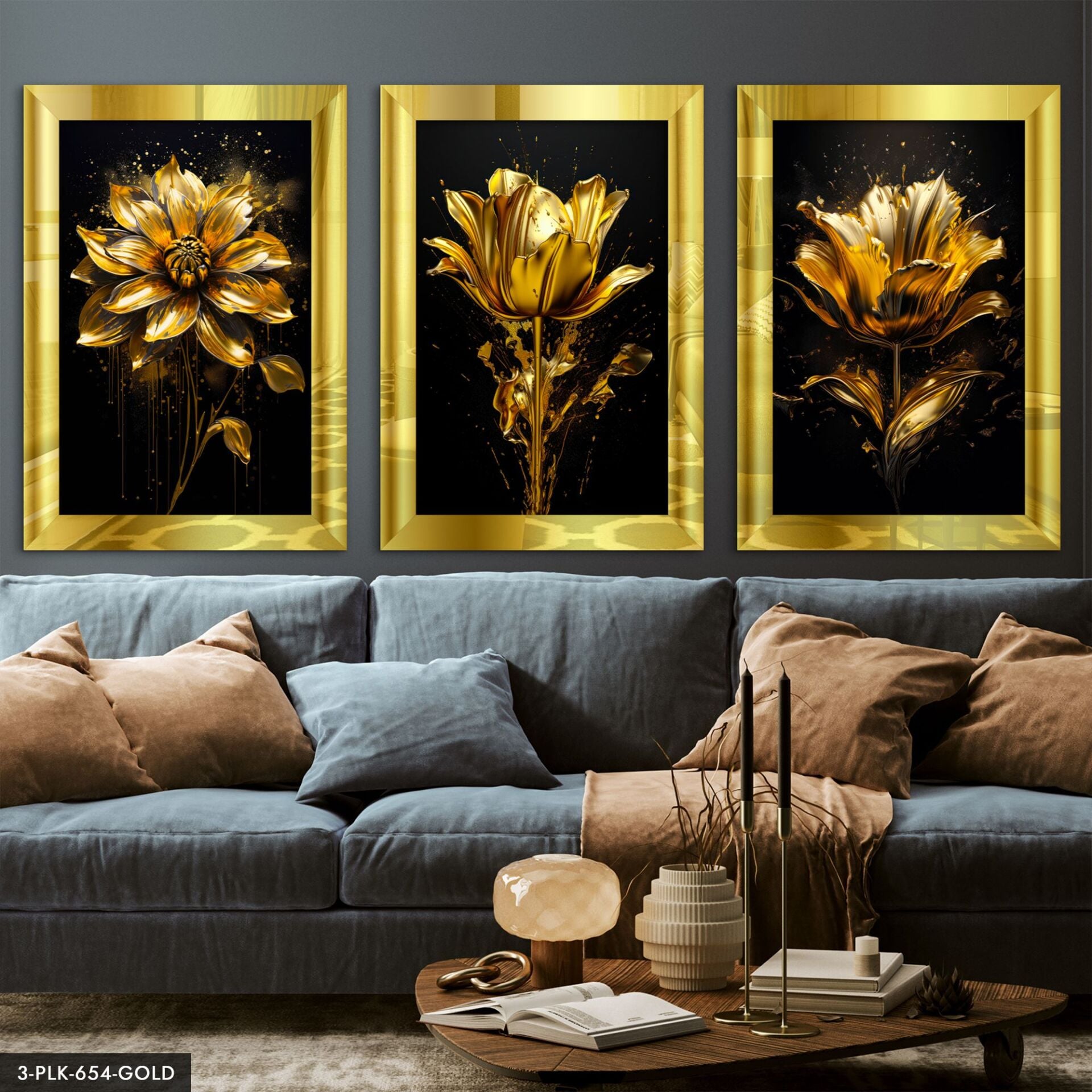 Gold Çiçekler Siyah Üzerine 3 Parça Pleksi Aynalı Tablo 60 x 80 CM - Gold