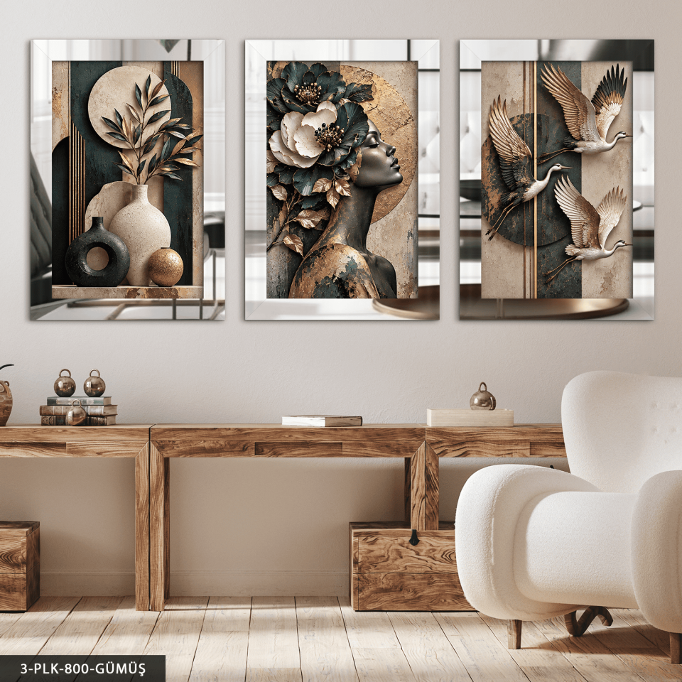 Bitki Kuşlar ve Çiçekli Kadın Portre 3 Parça Pleksi Aynalı Tablo Gümüş - 40 x 60 CM