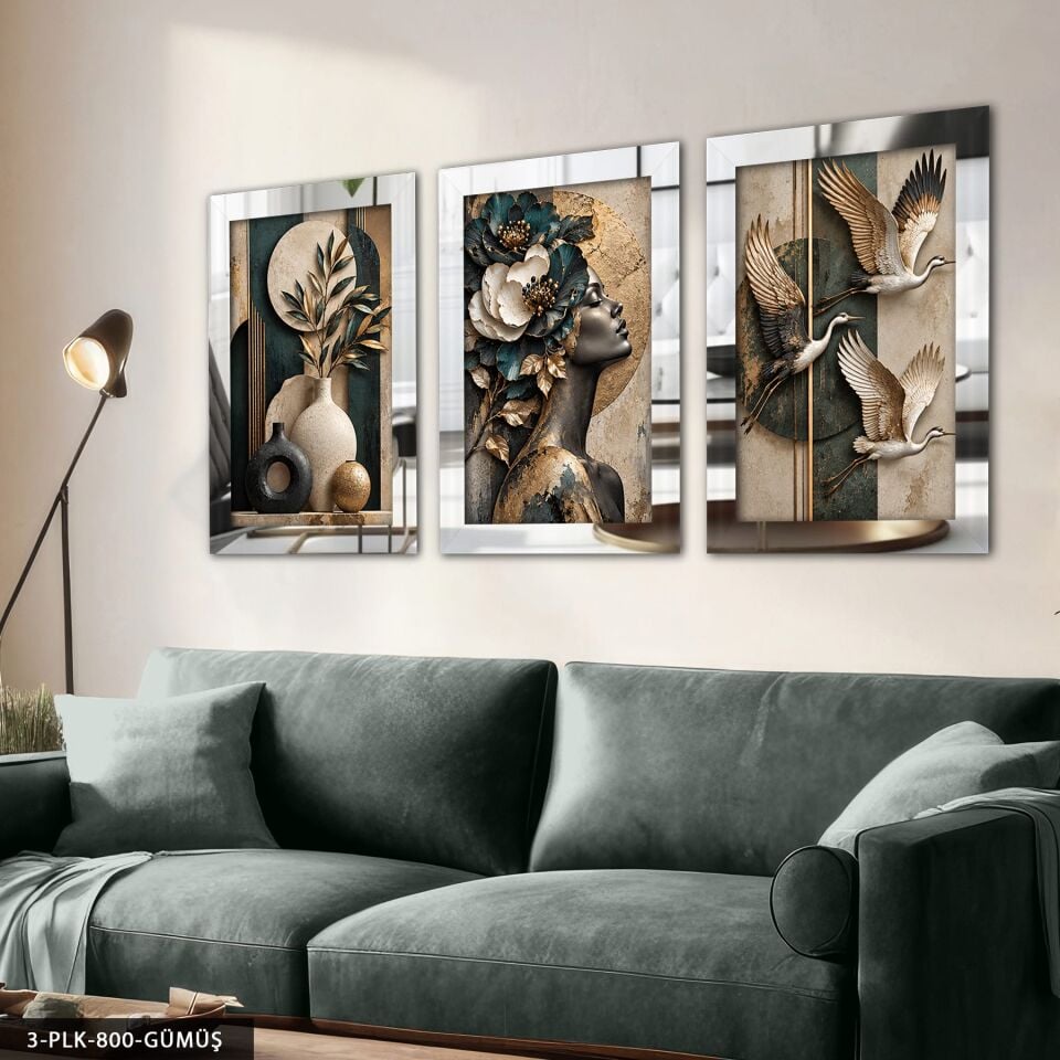 Bitki Kuşlar ve Çiçekli Kadın Portre 3 Parça Pleksi Aynalı Tablo Gümüş - 40 x 60 CM