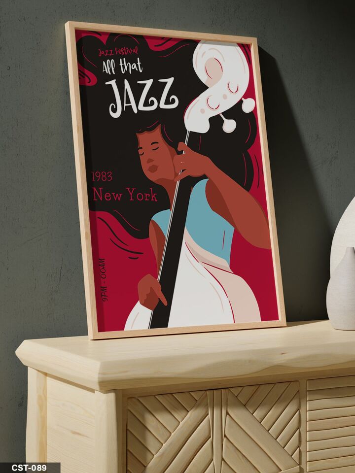 Siyah Fonlu Caz illüstrasyon Jazz Yazılı Tek Parça Ahşap Çerçeveli Tablo
