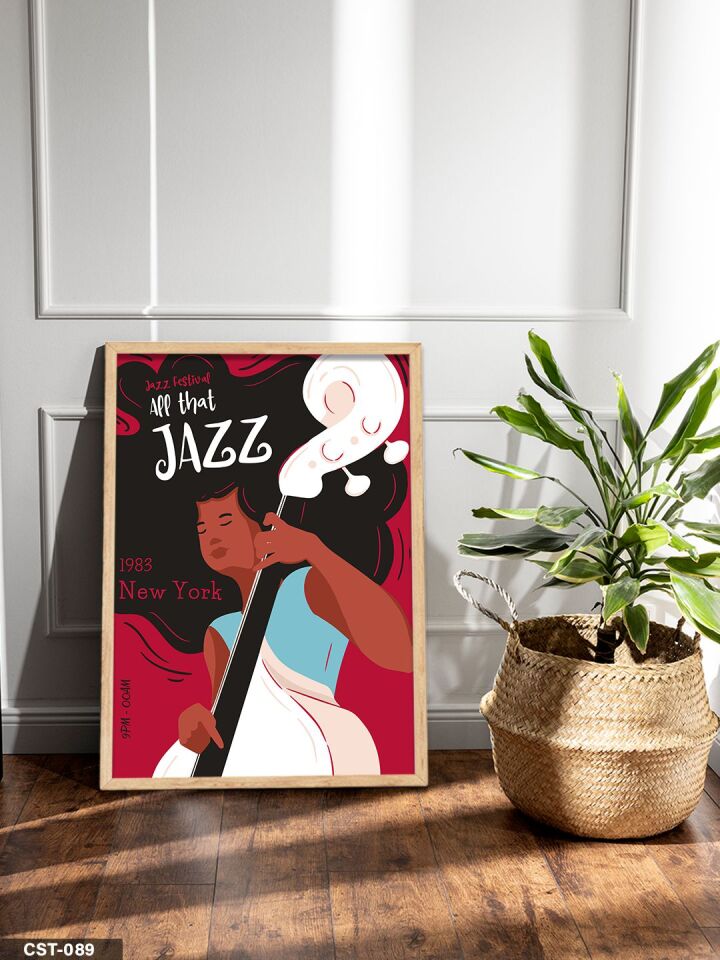 Siyah Fonlu Caz illüstrasyon Jazz Yazılı Tek Parça Ahşap Çerçeveli Tablo