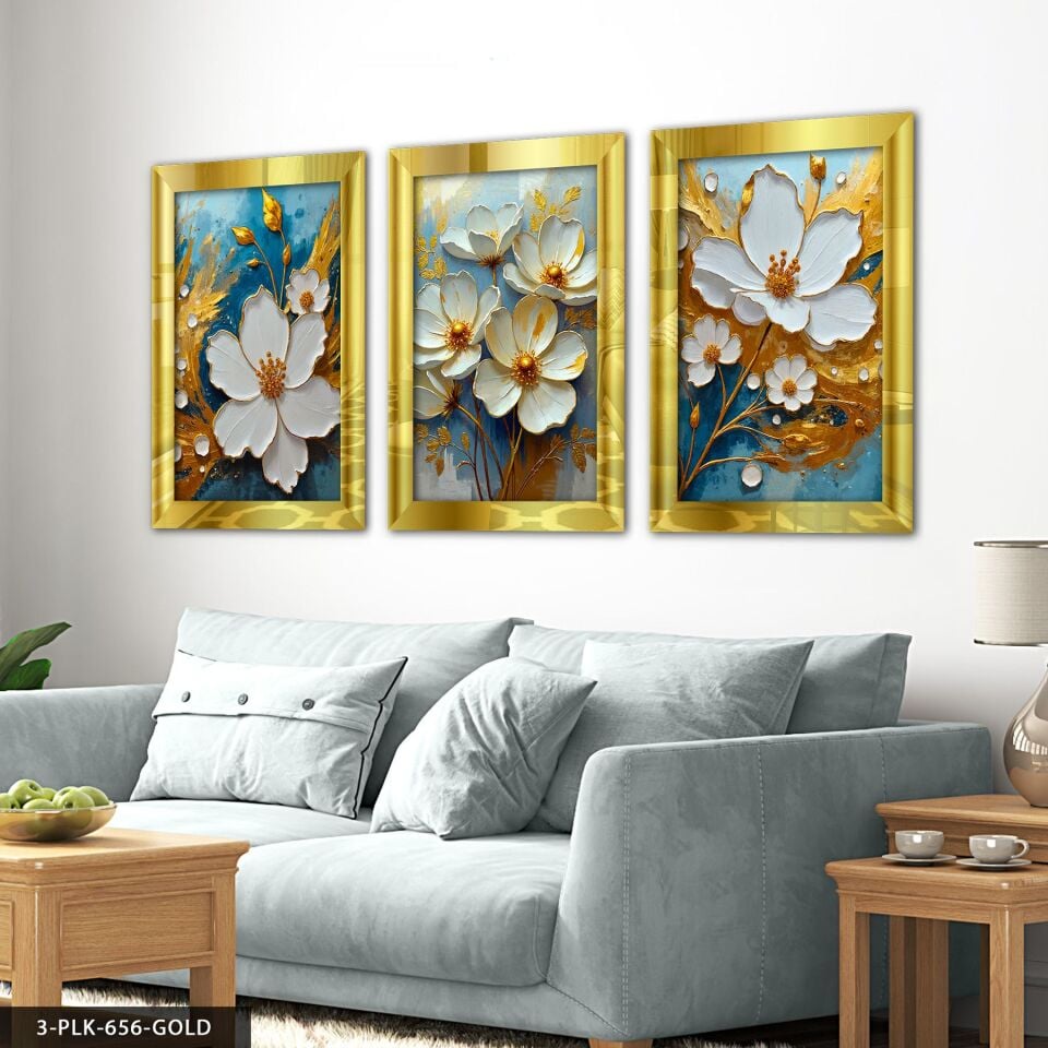 Beyaz Çiçek Mavi Arkaplan 3 Parça Pleksi Aynalı Tablo 60 x 80 CM - Gold