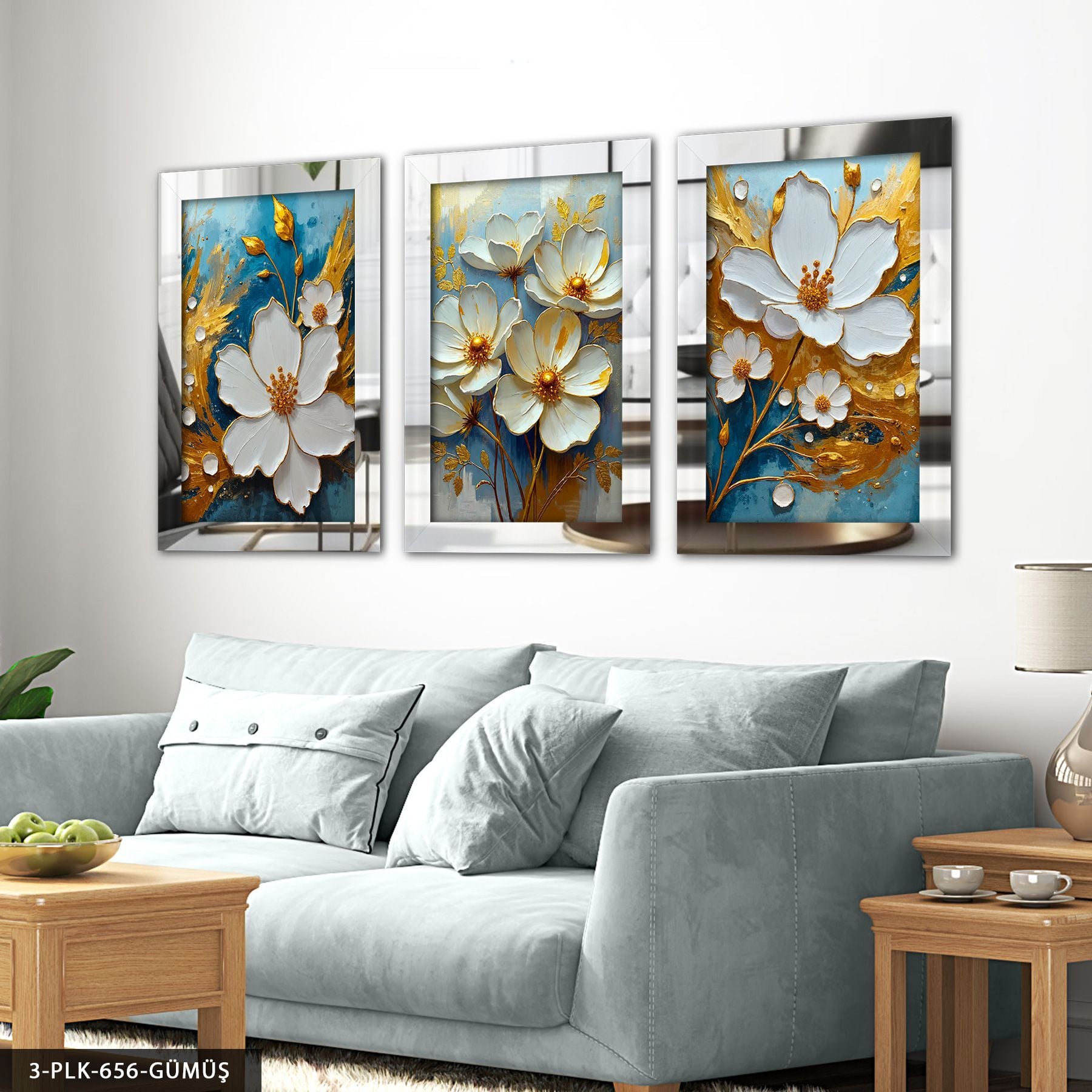Beyaz Çiçek Mavi Arkaplan 3 Parça Pleksi Aynalı Tablo 60 x 80 CM - Gümüş