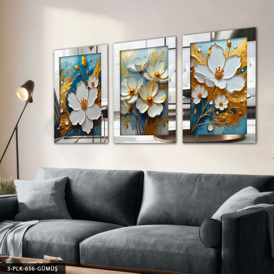 Beyaz Çiçek Mavi Arkaplan 3 Parça Pleksi Aynalı Tablo 60 x 80 CM - Gümüş
