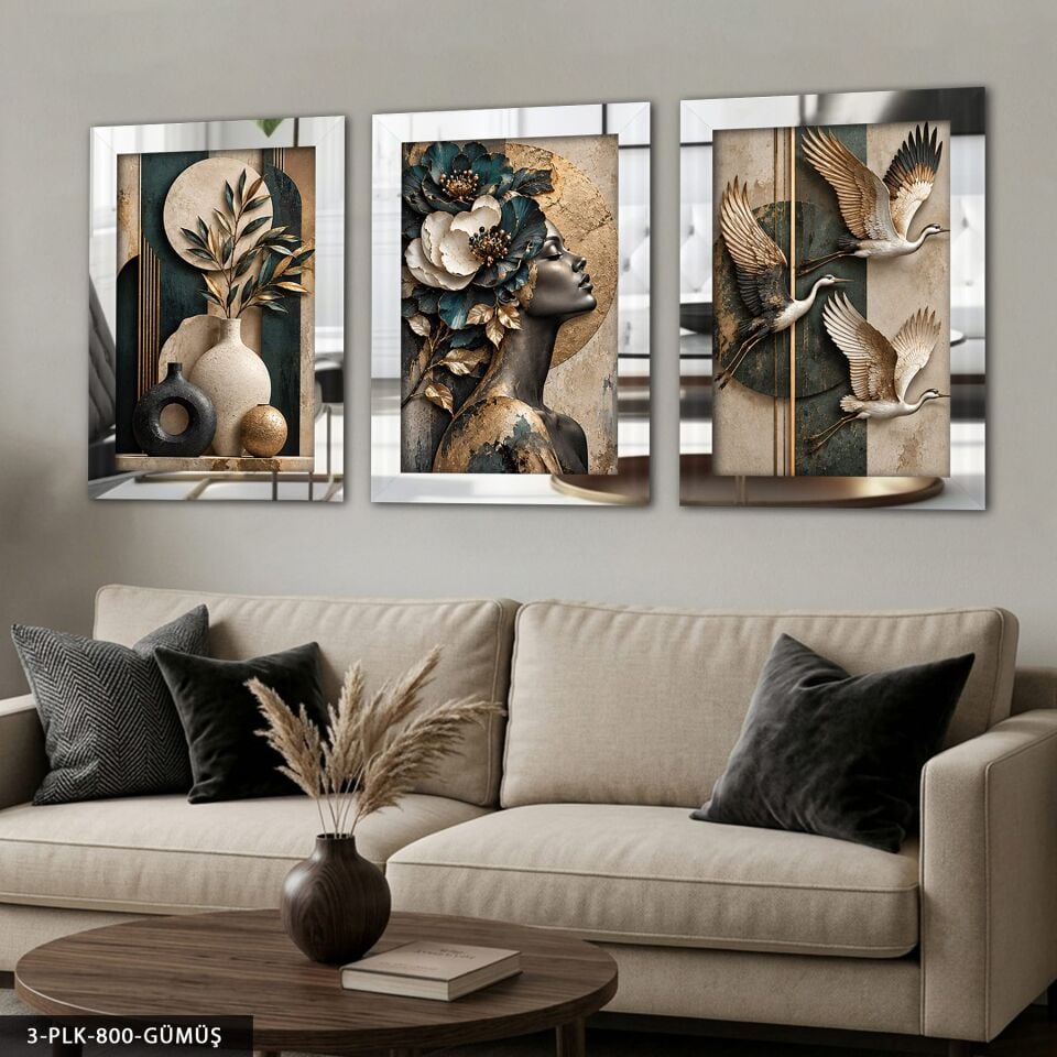 Bitki Kuşlar ve Çiçekli Kadın Portre 3 Parça Pleksi Aynalı Tablo Gümüş - 50 x 70 CM