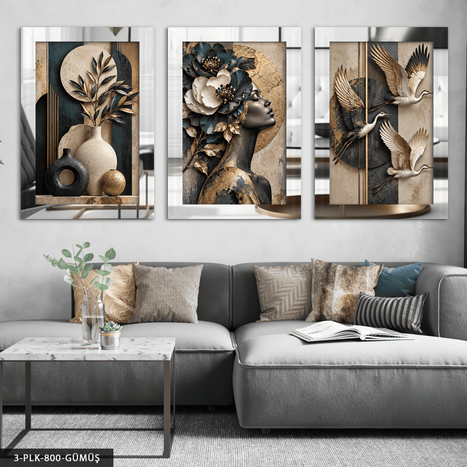 Bitki Kuşlar ve Çiçekli Kadın Portre 3 Parça Pleksi Aynalı Tablo Gümüş - 50 x 70 CM