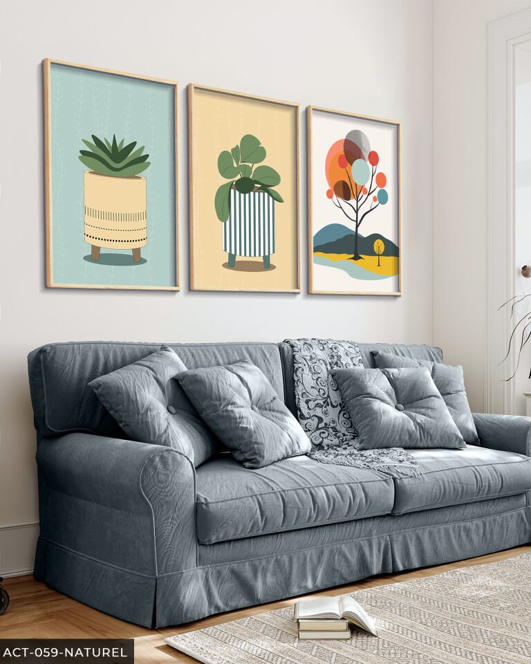 Saksıda Çiçek 3 Parça Ahşap Çerçeveli Tablo Naturel - 30 x 40 CM
