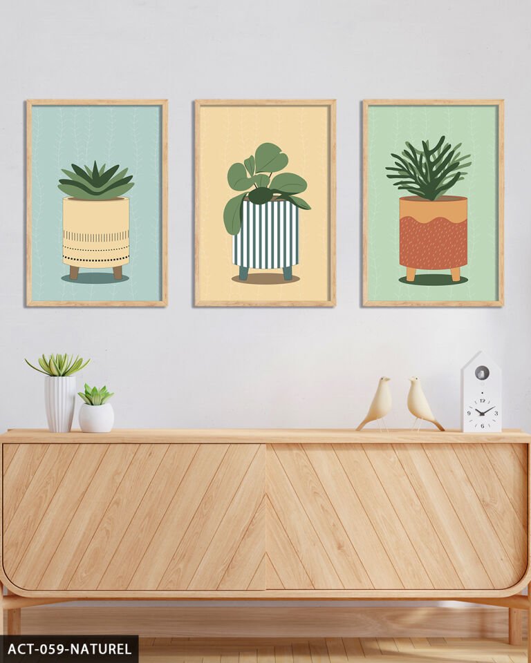 Saksıda Çiçek 3 Parça Ahşap Çerçeveli Tablo Naturel - 30 x 40 CM