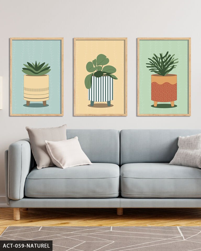 Saksıda Çiçek 3 Parça Ahşap Çerçeveli Tablo Naturel - 30 x 40 CM