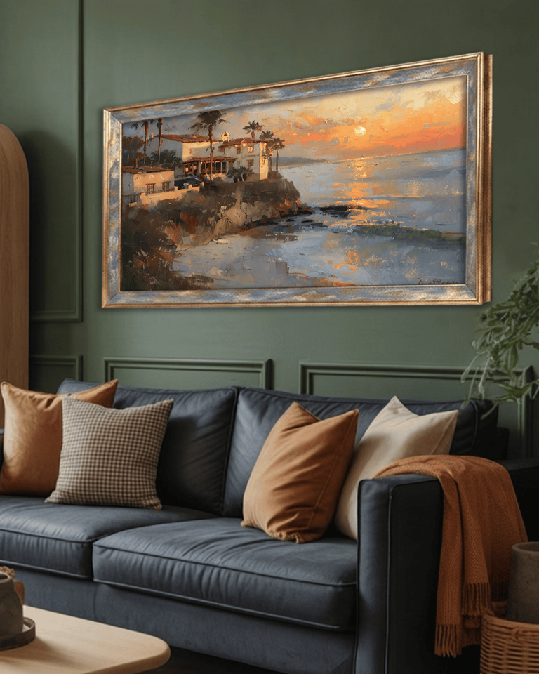 Sahilde Gün Batımı Premium Çerçeveli Tek Parça Tablo 65X110 cm PRM
