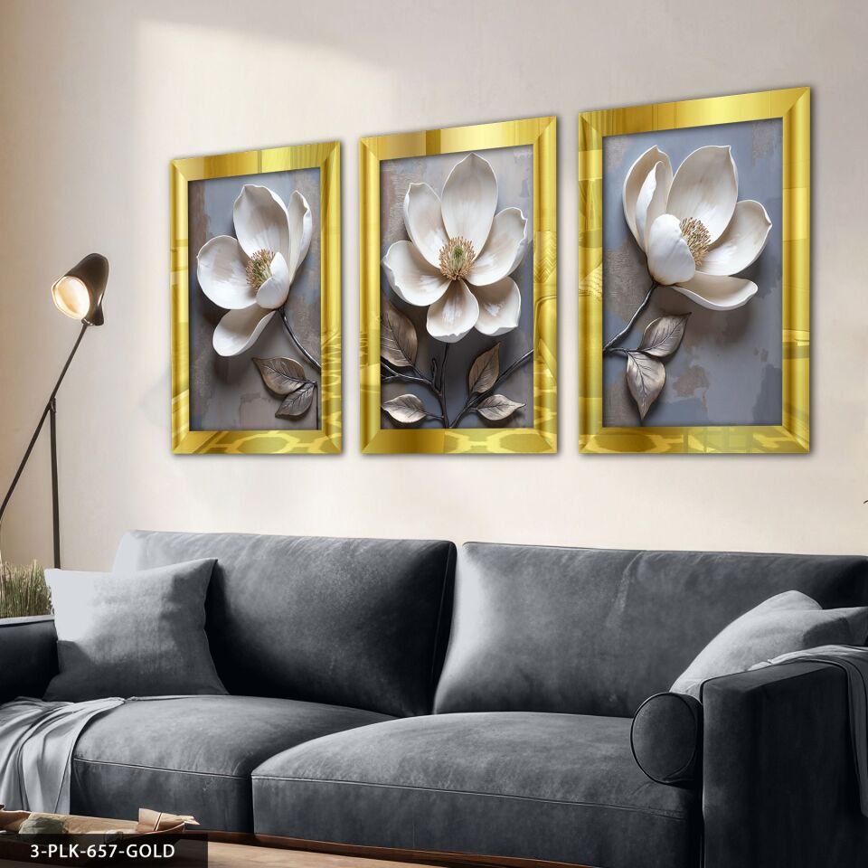 Beyaz Çiçek 3 Parça Pleksi Aynalı Tablo 60 x 80 CM - Gold