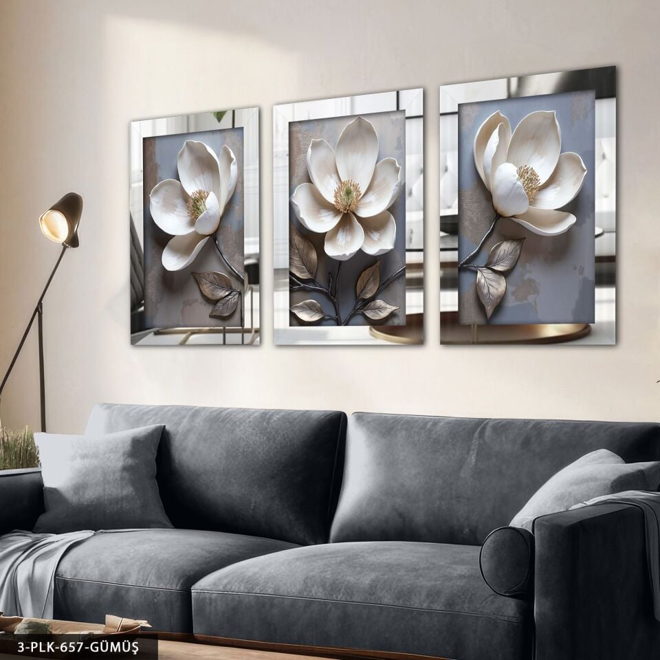 Beyaz Çiçek 3 Parça Pleksi Aynalı Tablo 60 x 80 CM - Gümüş