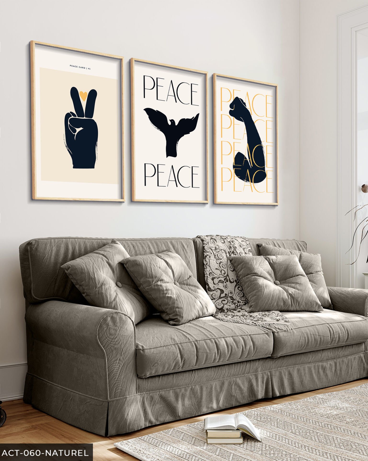 Peace, Barış 3 Parça Ahşap Çerçeveli Tablo Naturel - 30 x 40 CM