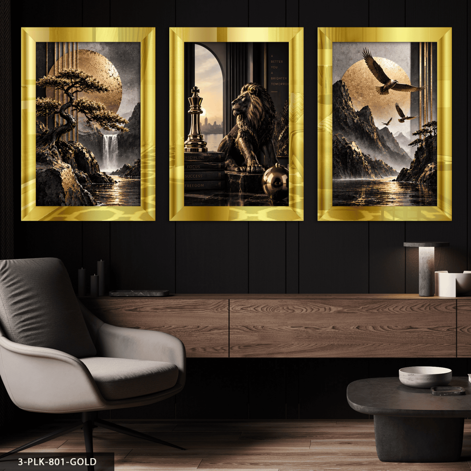 Gold Aslan ve Manzara 3 Parça Pleksi Aynalı Tablo 30 x 40 CM - Gold