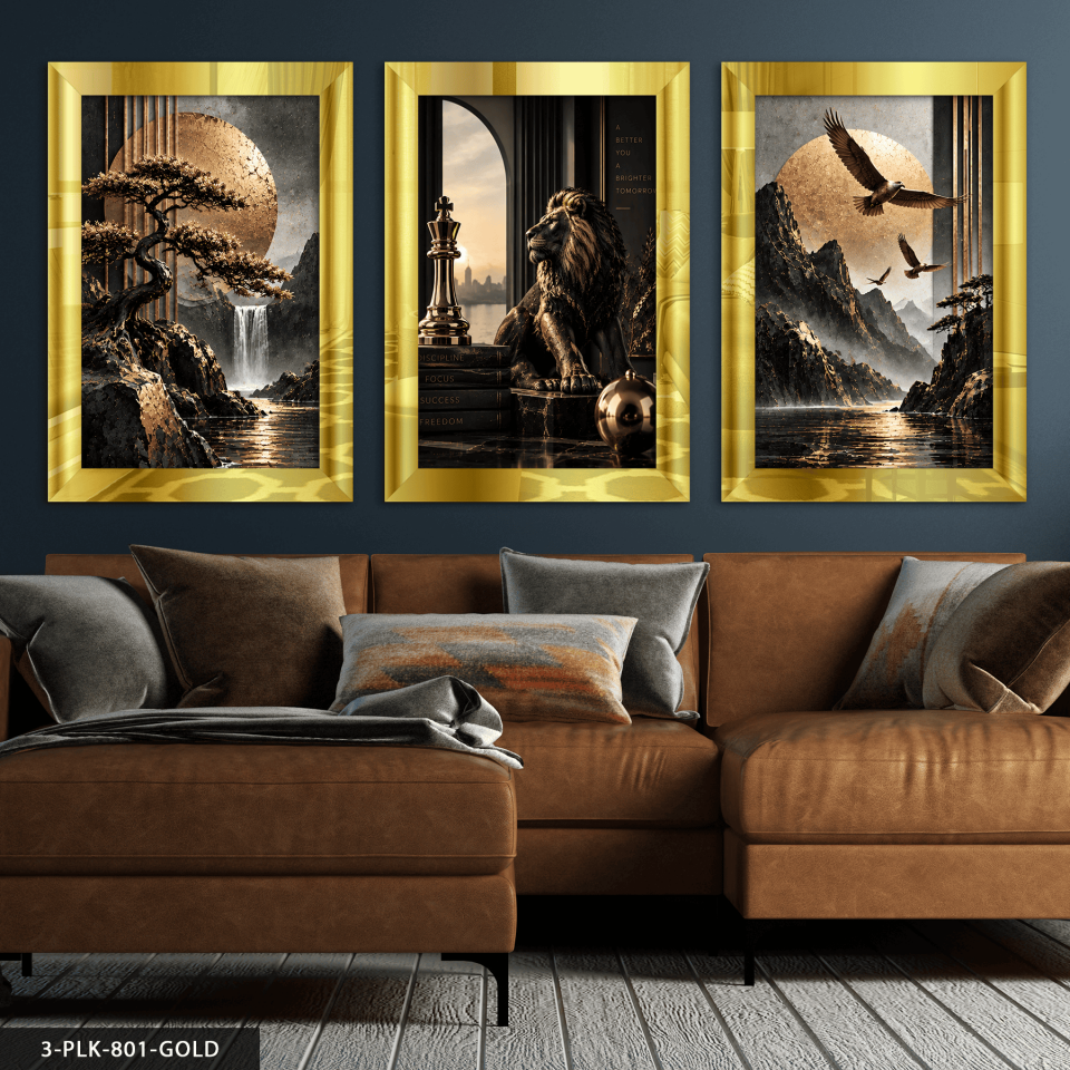Gold Aslan ve Manzara 3 Parça Pleksi Aynalı Tablo 40 x 60 CM - Gold