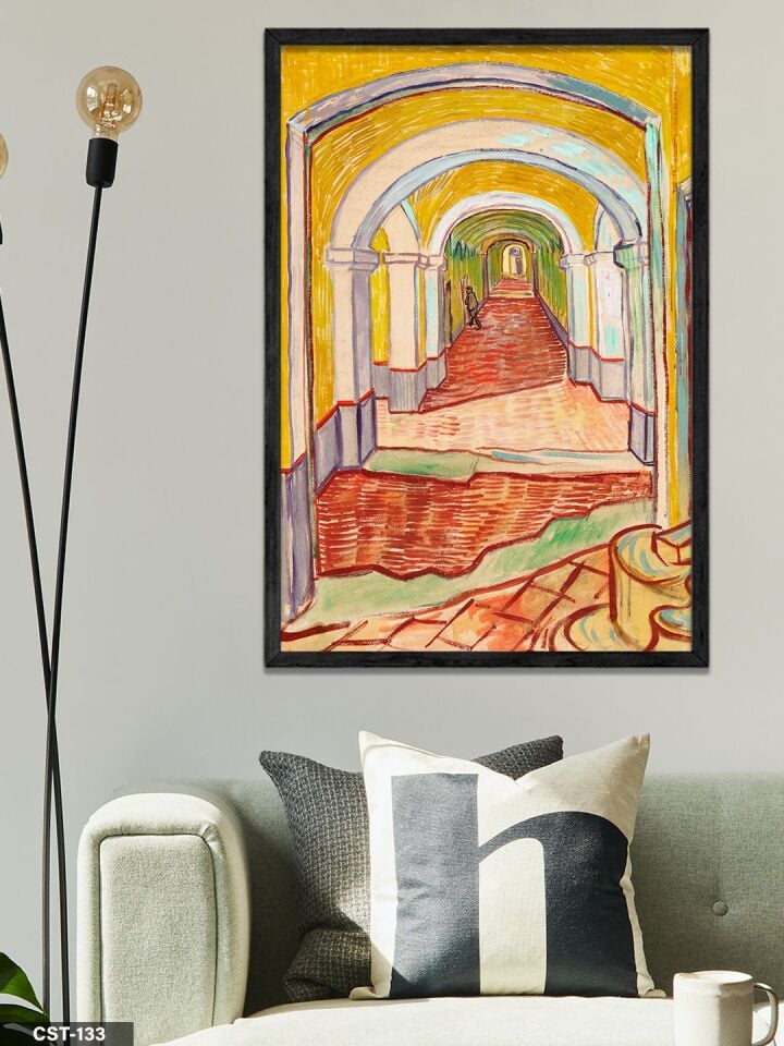 Sarı Tonlarda Mimari Koridor illüstrasyon Tek Parça Ahşap Çerçeveli Tablo Siyah - 20 x 30 CM