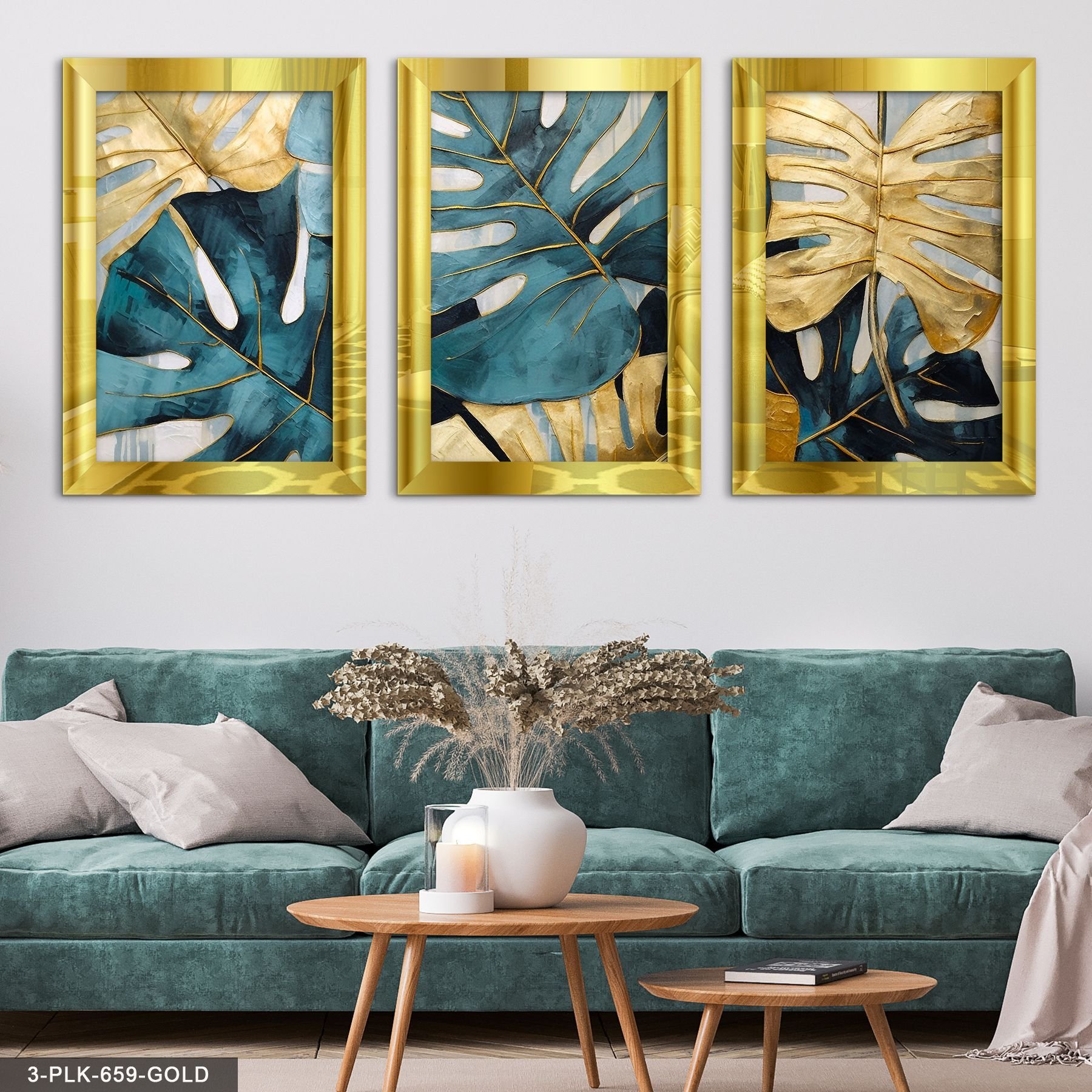 Mavi Gold Yaprak 3 Parça Pleksi Aynalı Tablo 60 x 80 CM - Gold