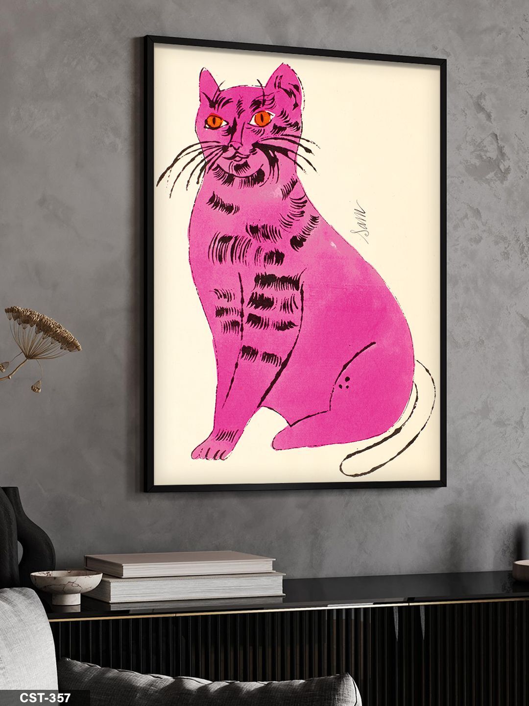 Turuncu Gözlü Pembe Kedi Tek Parça Ahşap Çerçeveli Tablo Siyah - 50 x 70 CM