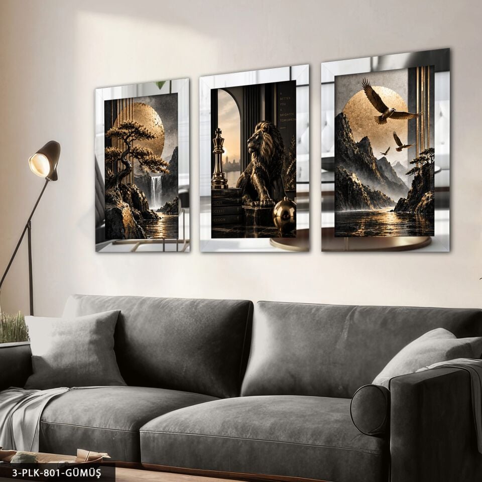 Gold Aslan ve Manzara 3 Parça Pleksi Aynalı Tablo Gümüş - 30 x 40 CM
