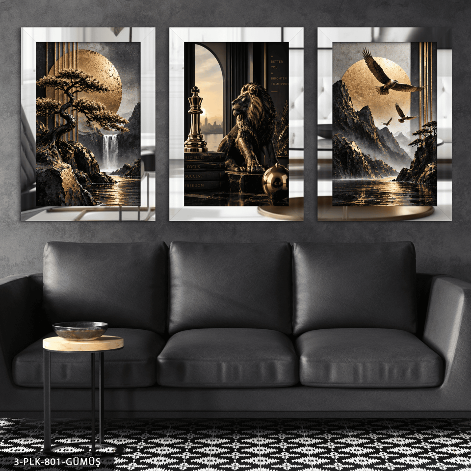 Gold Aslan ve Manzara 3 Parça Pleksi Aynalı Tablo Gümüş - 30 x 40 CM