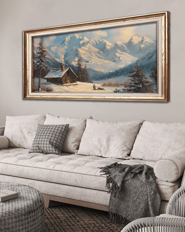 Dağlar İçinde Karlı Ev Premium Çerçeveli Tek Parça Tablo 65X110 cm PRM Gümüş
