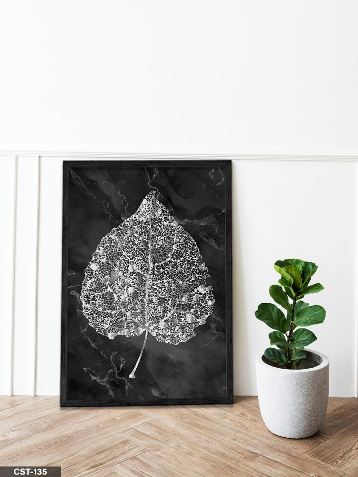 Gümüş Yaprak Tek Parça Ahşap Çerçeveli Tablo Siyah - 20 x 30 CM
