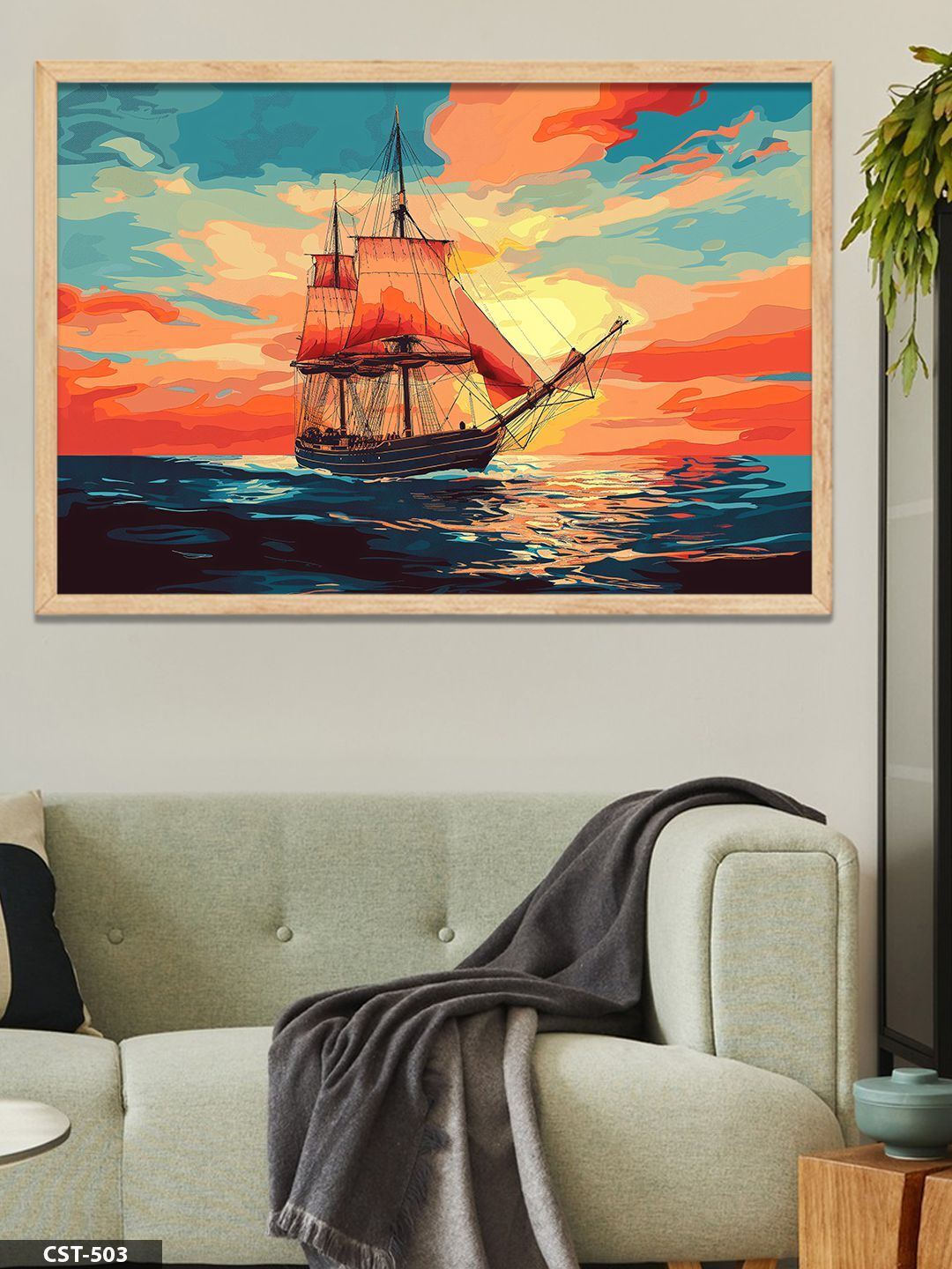 Günbatımında Gemi Tek Parça Ahşap Çerçeveli Tablo Naturel - 20 x 30 CM