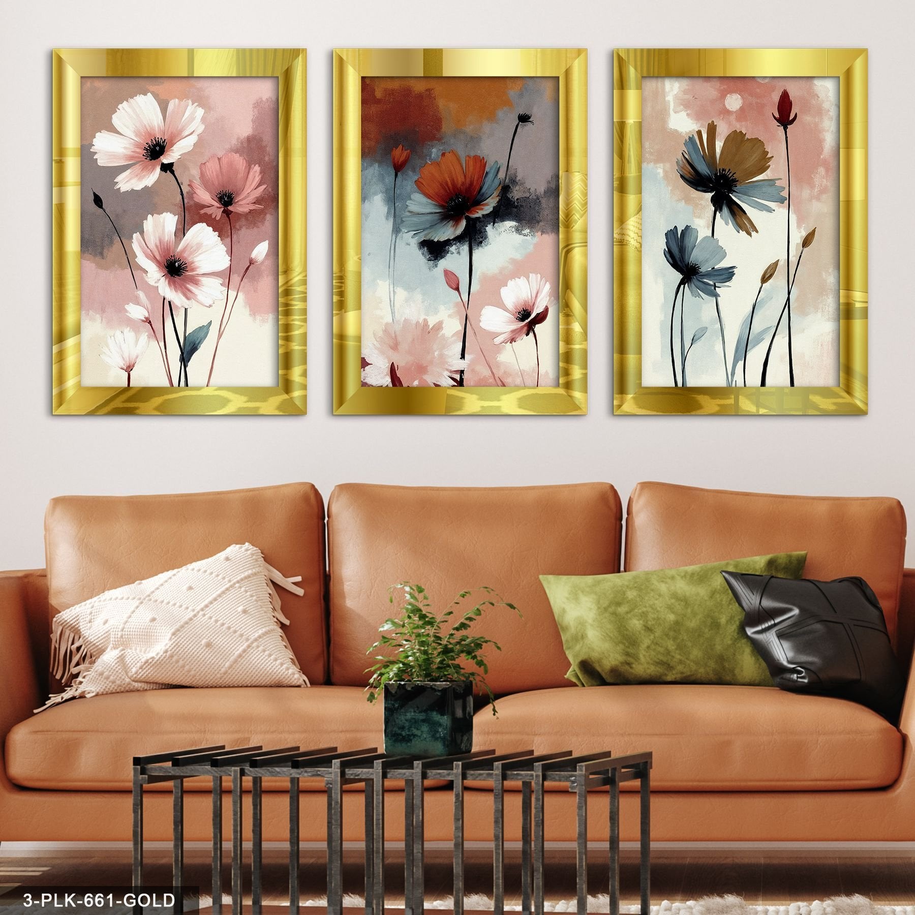 Çizim Çiçek 3 Parça Pleksi Aynalı Tablo 60 x 80 CM - Gold