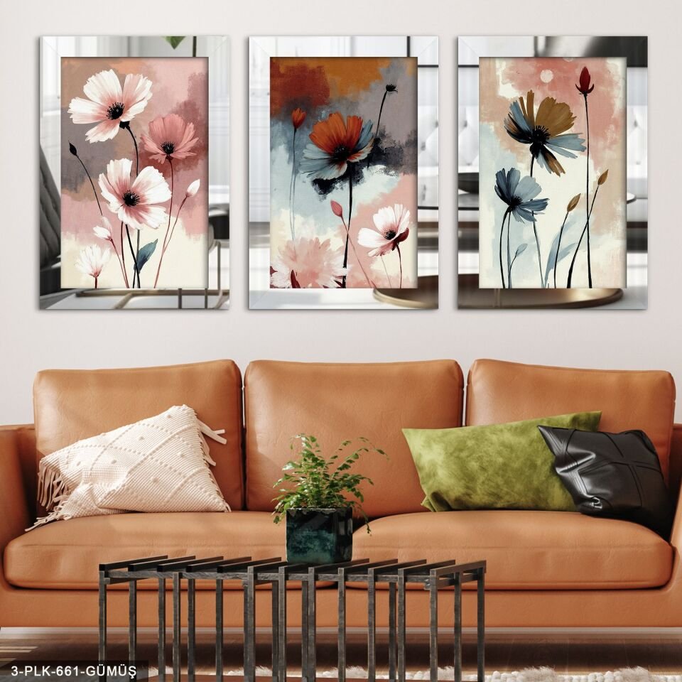 Çizim Çiçek 3 Parça Pleksi Aynalı Tablo 60 x 80 CM - Gümüş