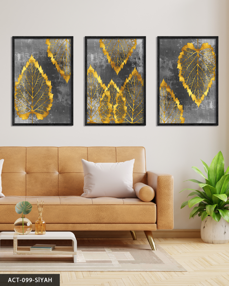 Gold Detaylı Yaprak 3 Parça Ahşap Çerçeveli Tablo ACT Siyah - 40 x 60 CM