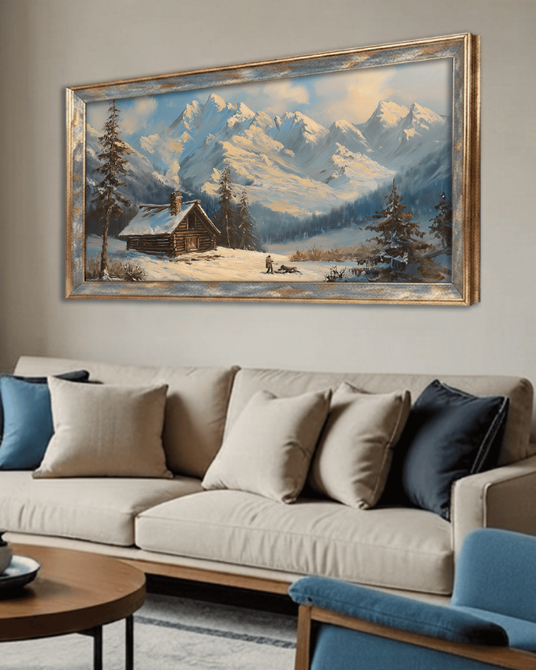 Dağlar İçinde Karlı Ev Premium Çerçeveli Tek Parça Tablo 65X110 cm PRM Mavi