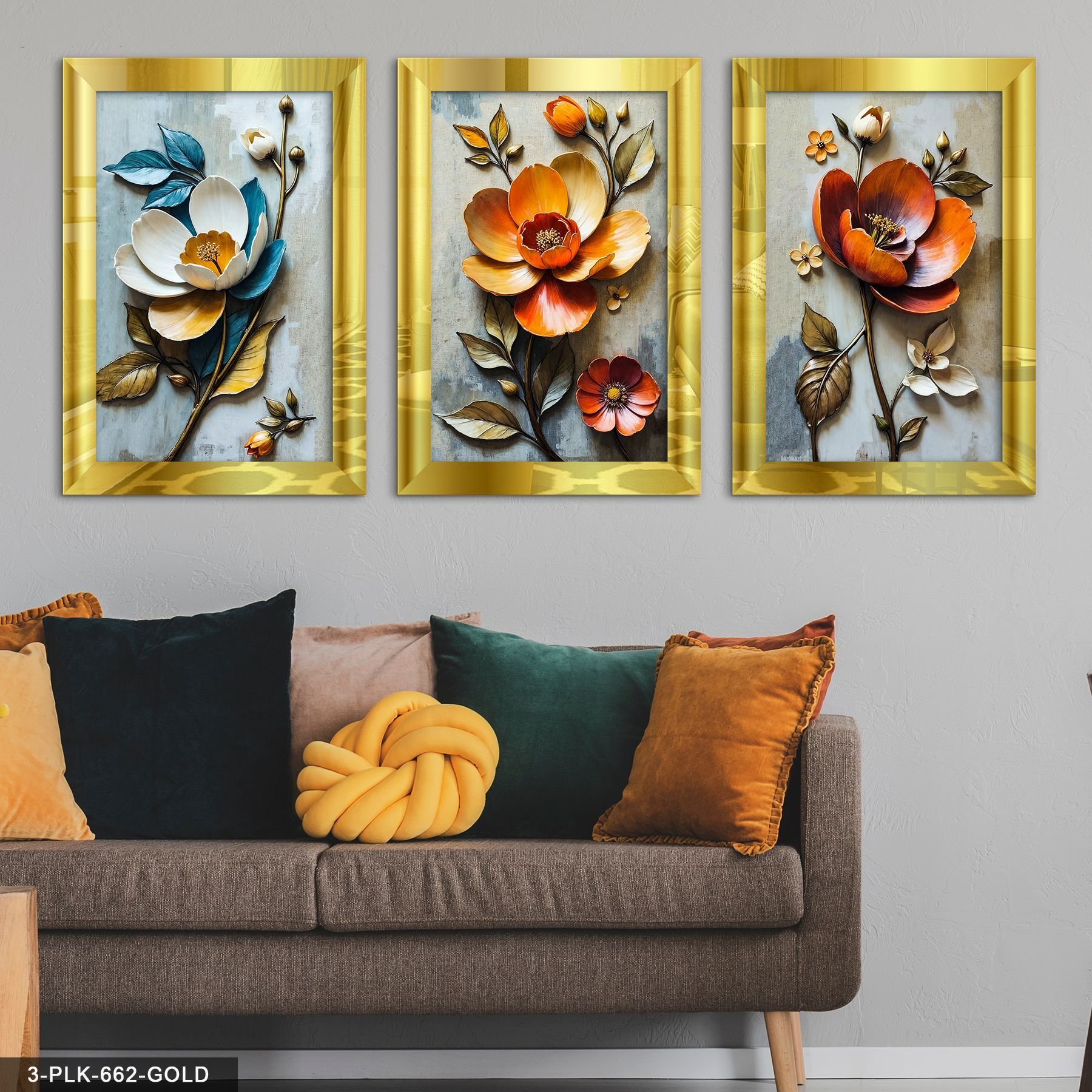 Renkli Çiçekler 3 Parça Pleksi Aynalı Tablo 60 x 80 CM - Gold