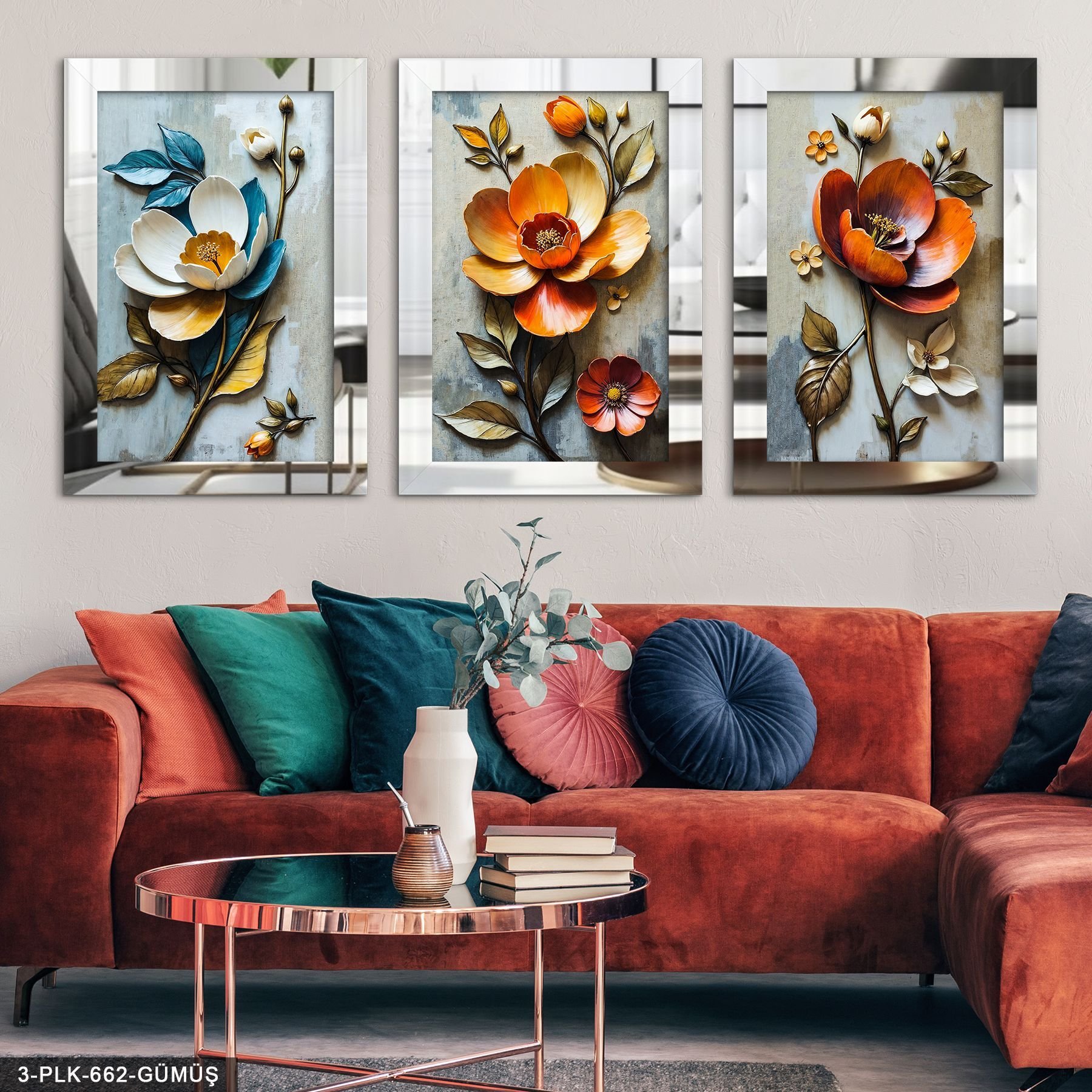 Renkli Çiçekler 3 Parça Pleksi Aynalı Tablo 60 x 80 CM - Gümüş