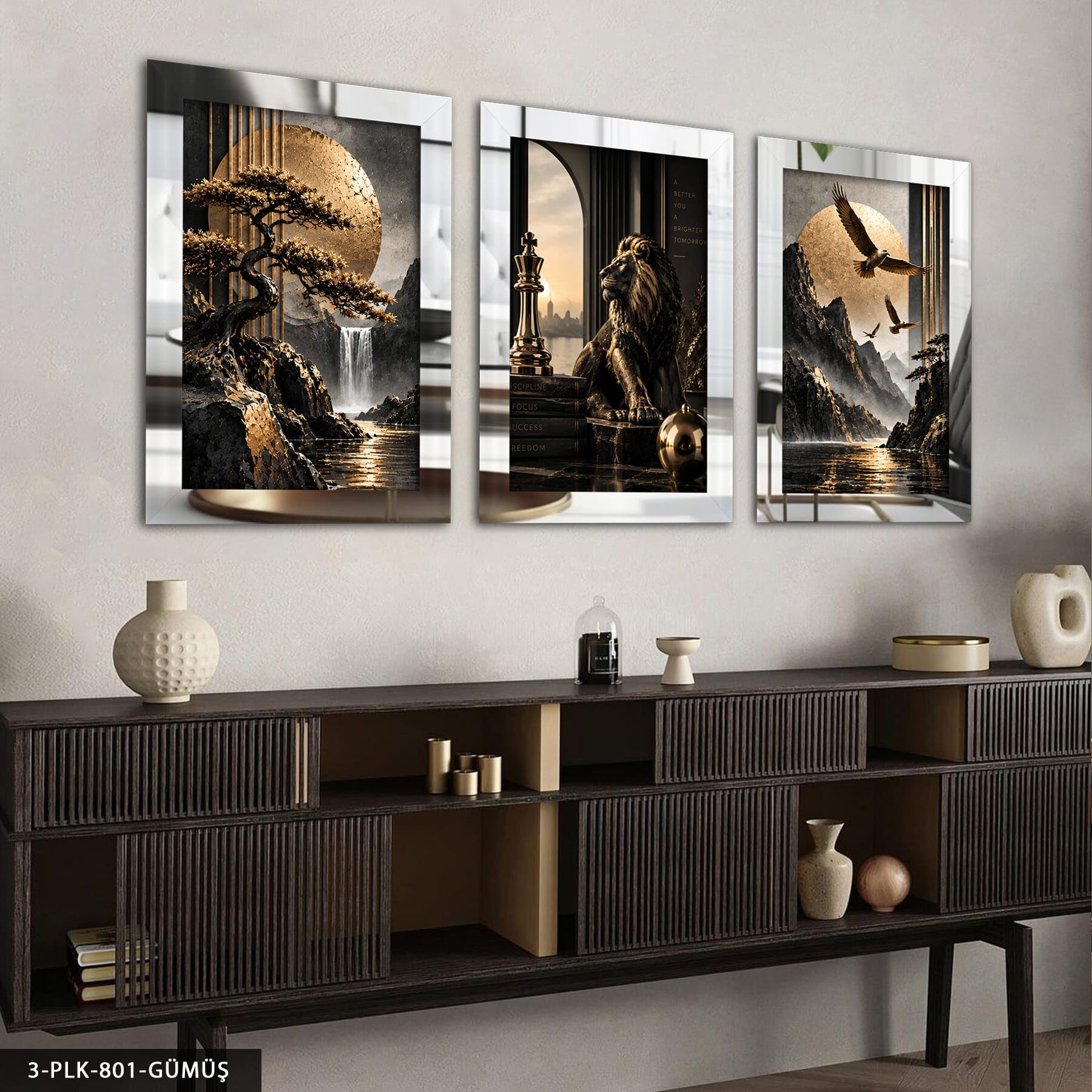 Gold Aslan ve Manzara 3 Parça Pleksi Aynalı Tablo Gümüş - 50 x 70 CM
