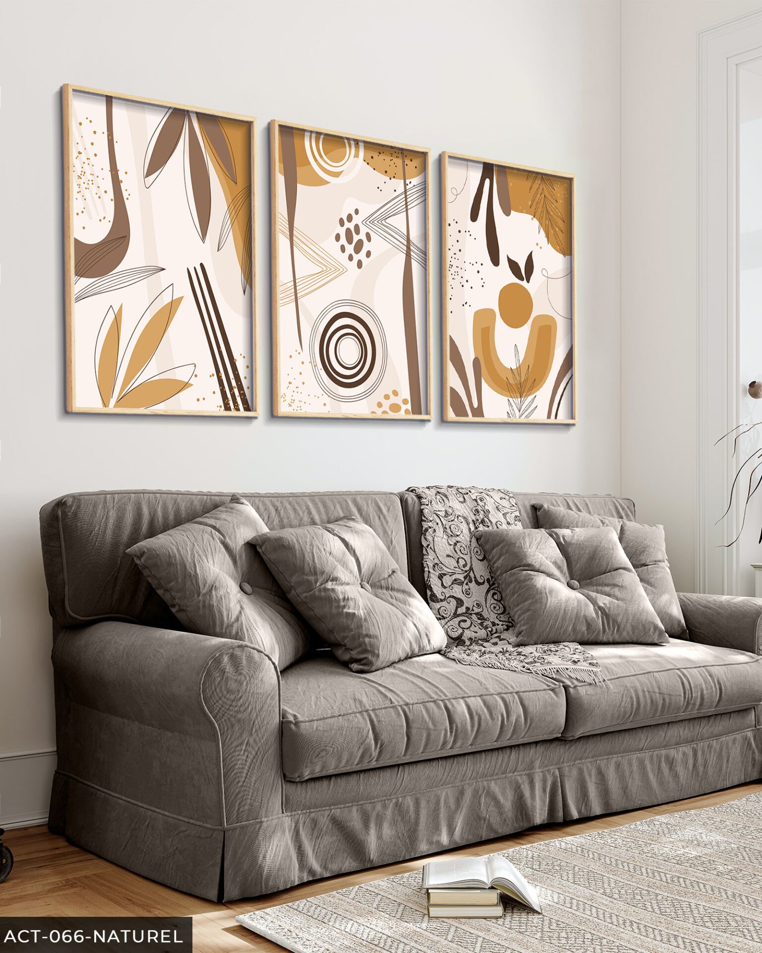 Soyut Desenler 3 Parça Ahşap Çerçeveli Tablo Naturel - 30 x 40 CM