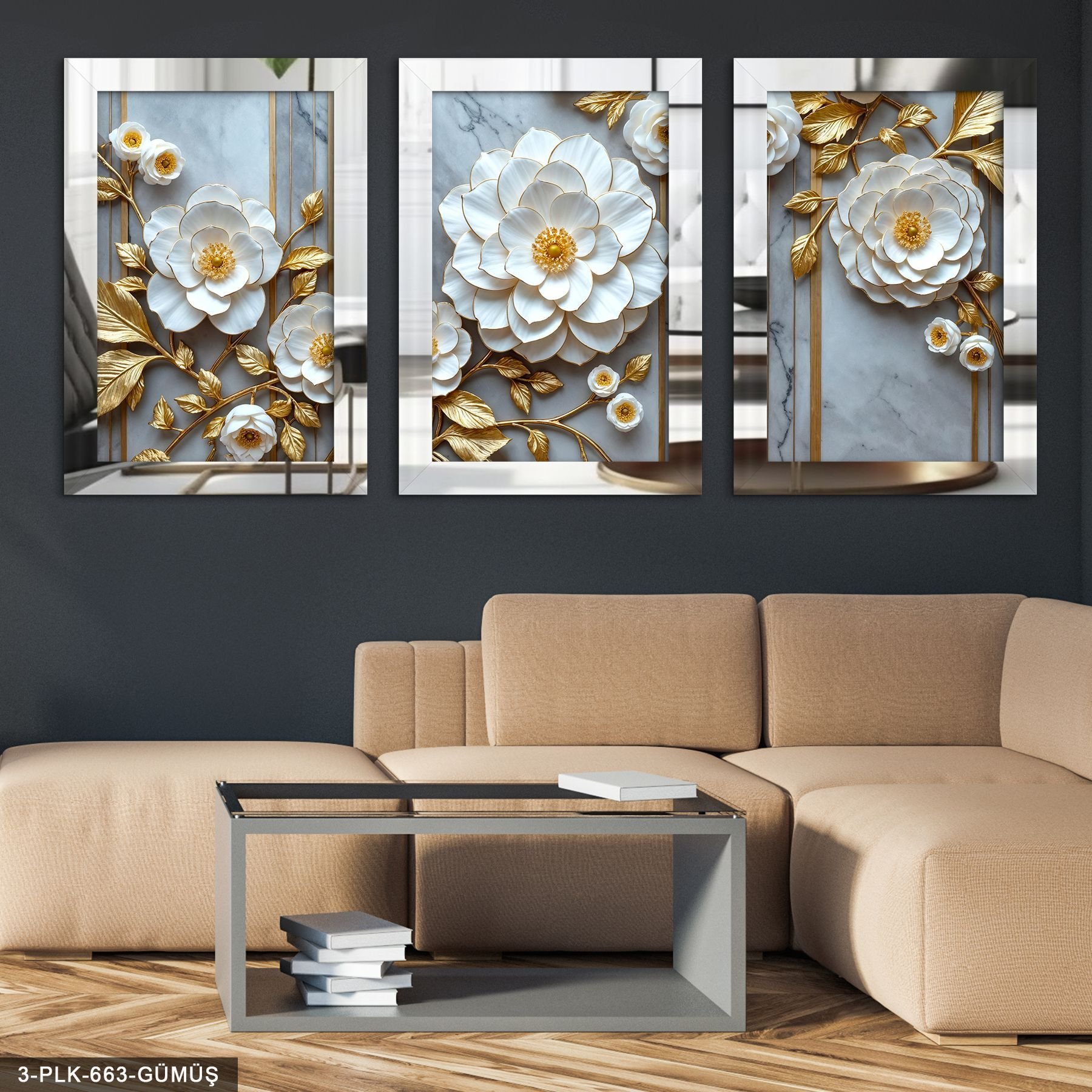 Beyaz Çiçek 3 Parça Pleksi Aynalı Tablo 60 x 80 CM - Gümüş