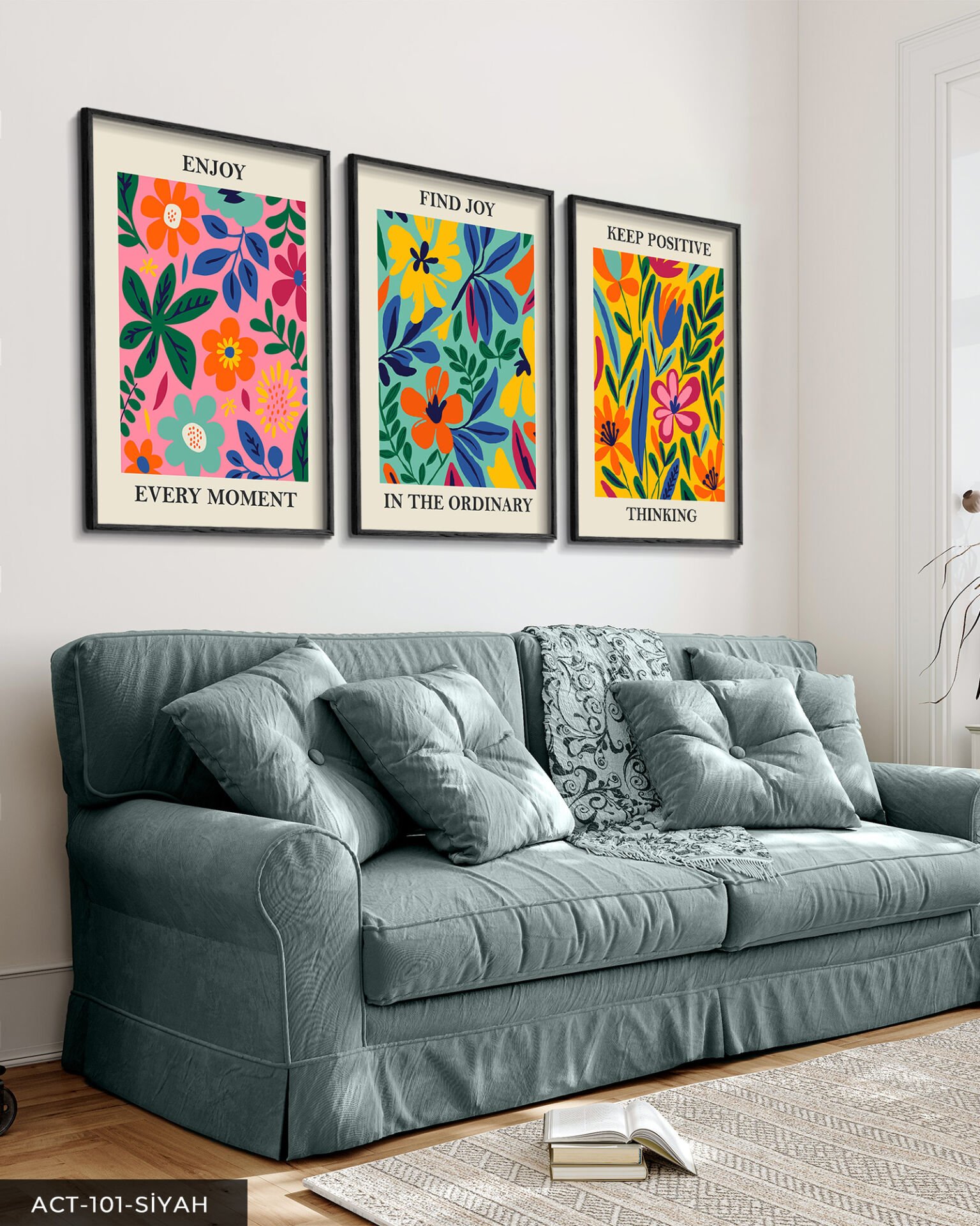 Botanik Poster 3 Parça Ahşap Çerçeveli Tablo ACT Siyah - 40 x 60 CM