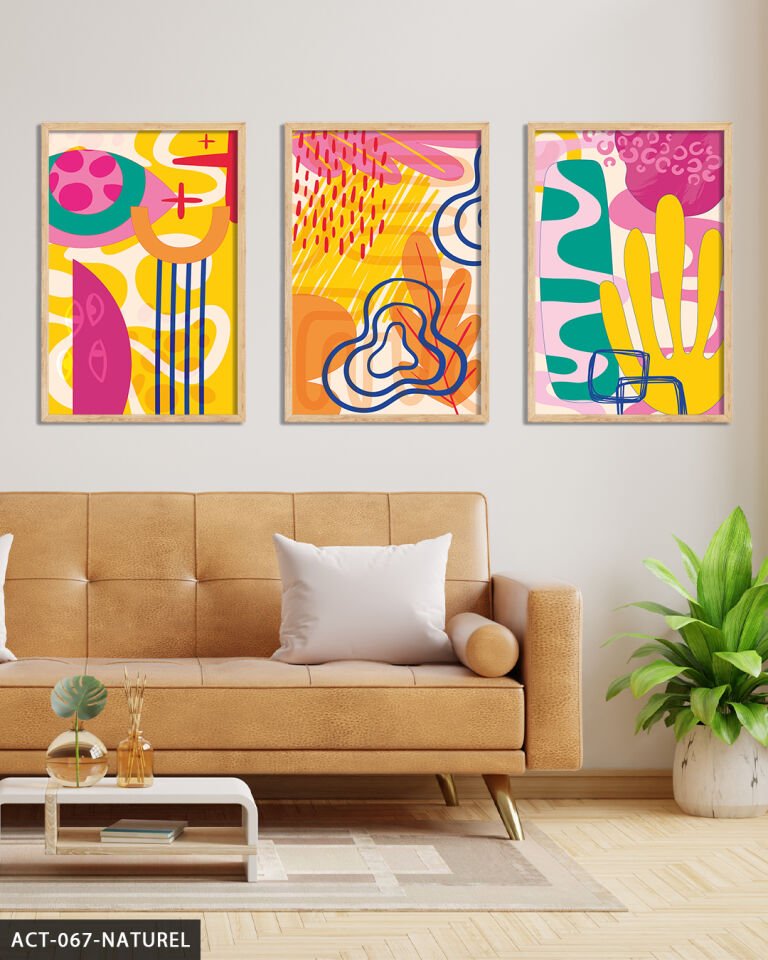Rengarenk Desenler 3 Parça Ahşap Çerçeveli Tablo Naturel - 30 x 40 CM