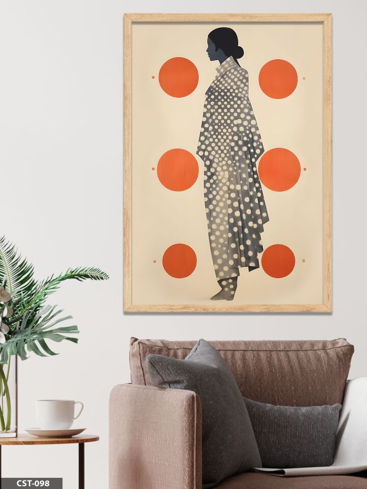 Nokta Desenli Minimalist illüstrasyon Tek Parça Ahşap Çerçeveli Tablo