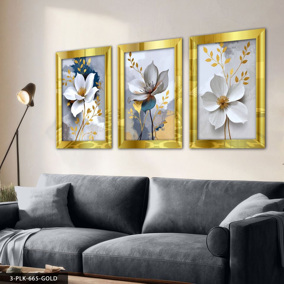 Gold Yapraklı Beyaz Çiçek 3 Parça Pleksi Aynalı Tablo 60 x 80 CM - Gold
