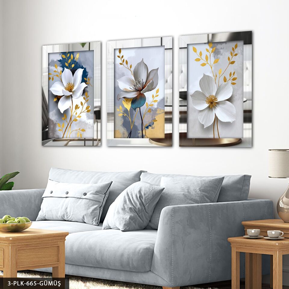 Gold Yapraklı Beyaz Çiçek 3 Parça Pleksi Aynalı Tablo 60 x 80 CM - Gümüş