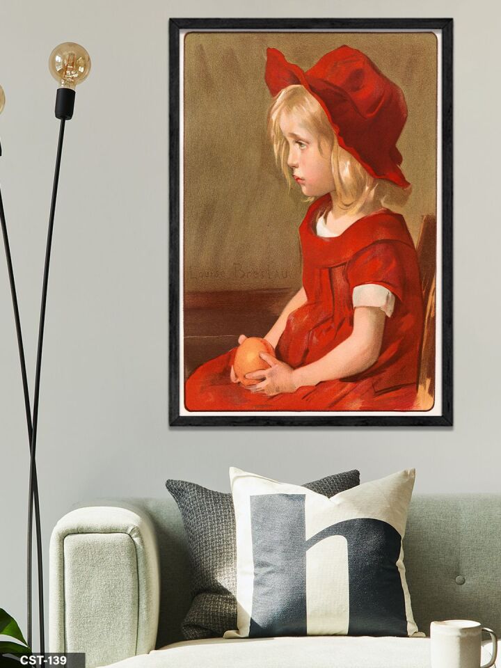 Kırmızı Elbiseli Kız Portre Tek Parça Ahşap Çerçeveli Tablo Siyah - 20 x 30 CM