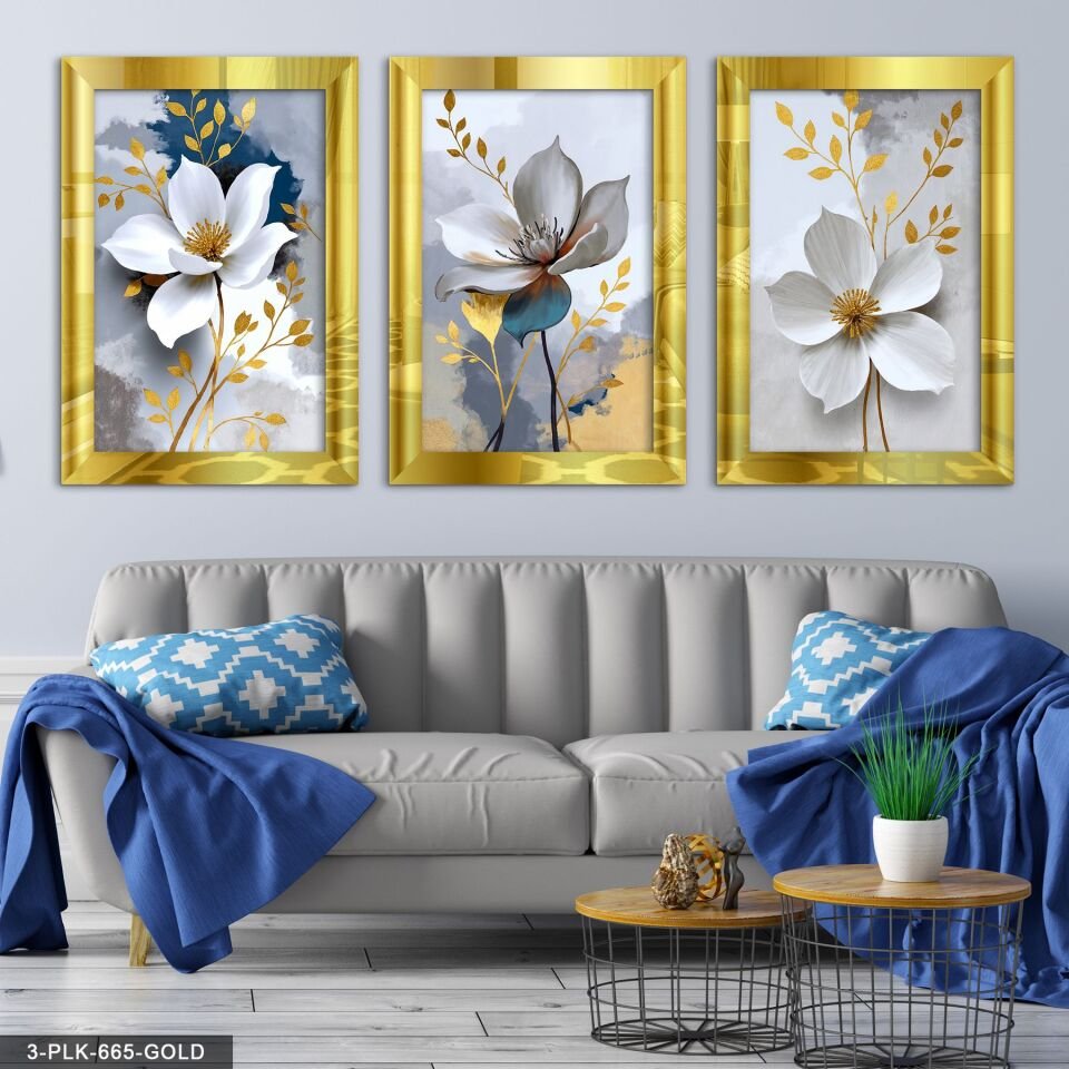 Gold Yapraklı Beyaz Çiçek 3 Parça Pleksi Aynalı Tablo 60 x 80 CM - Gold